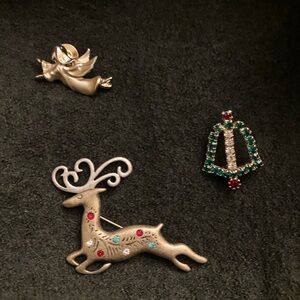 Set of 3 Christmas Holiday Brooches Reindeer Angel Rhinestone Bell